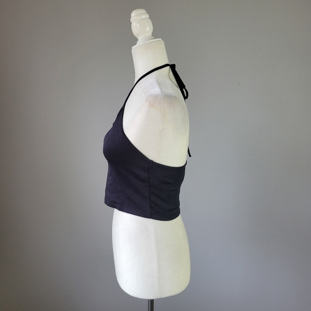 ZARA // black stretch ribbed keyhole cropped neck tie halter top - Picture 4 of 10